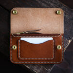 Leather trucker wallet mid Brown open with card